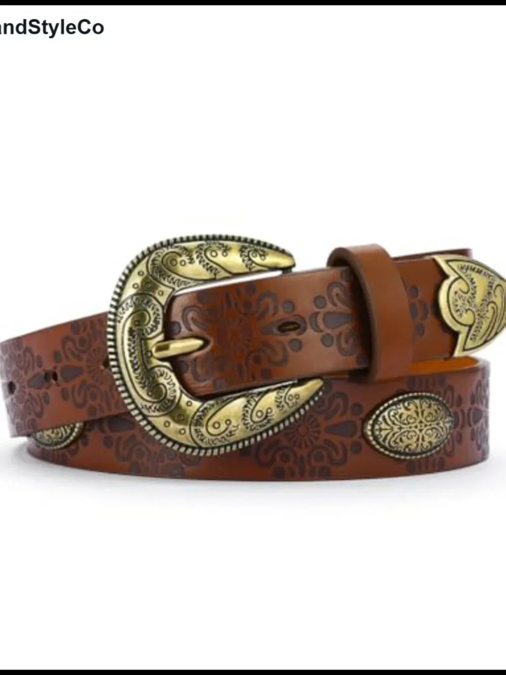 Women's Faux Leather Belt Gold Buckle Western Vintage Cowgirl